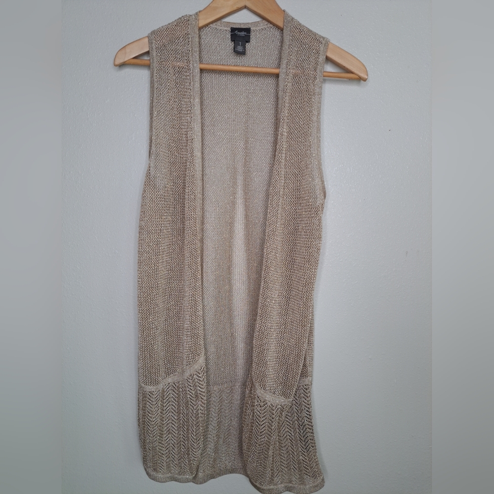 Chicos Travelers Collection Open Sparkling Metallic Vest Boho Mesh Sz 1